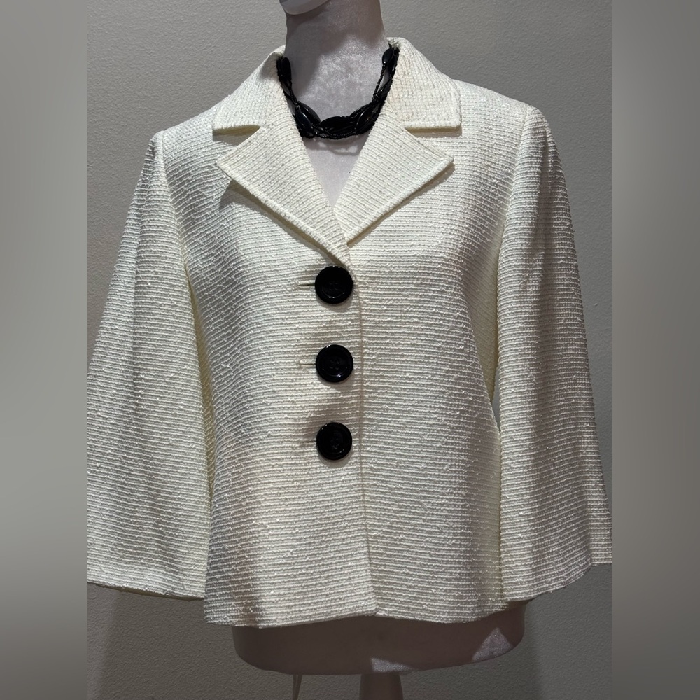 Kasper White Knobby Tweed Trim Swing blazer jacket 3/4 sleeves sz 6